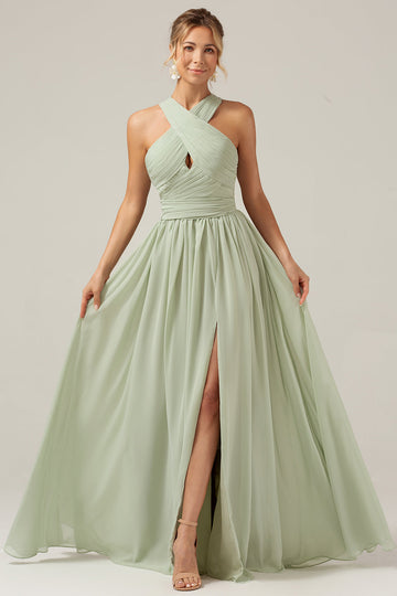 Dusty Sage Boho Chiffon Long brudepike kjole med knapp tilbake